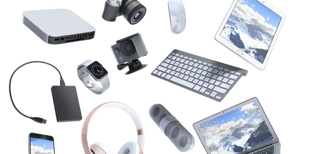 Image showing different consumer devices including smartphones, portable cameras, computers, smart watch, speakers and other accessories