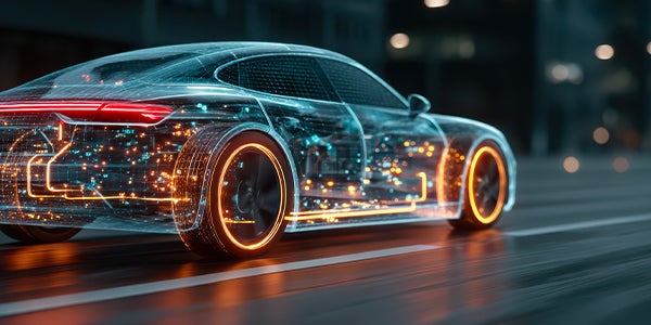 A transparent car with orange lights, automotive technical components highlighted